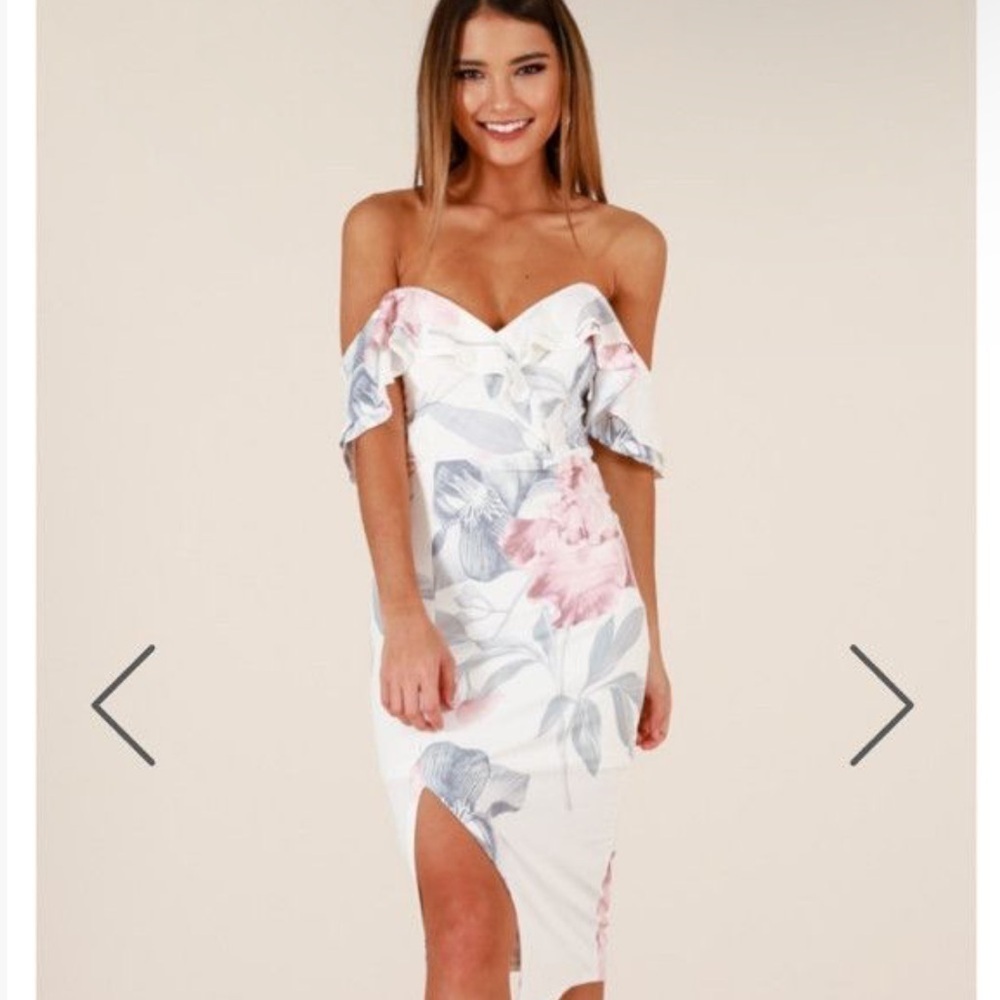 Showpo White Floral Off-Shoulder Mini Dress with Pink & Blue Flowers